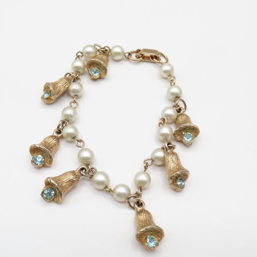 Vintage Faux Pearl Blue Rhinestone Accent Gold Tone Bracelet